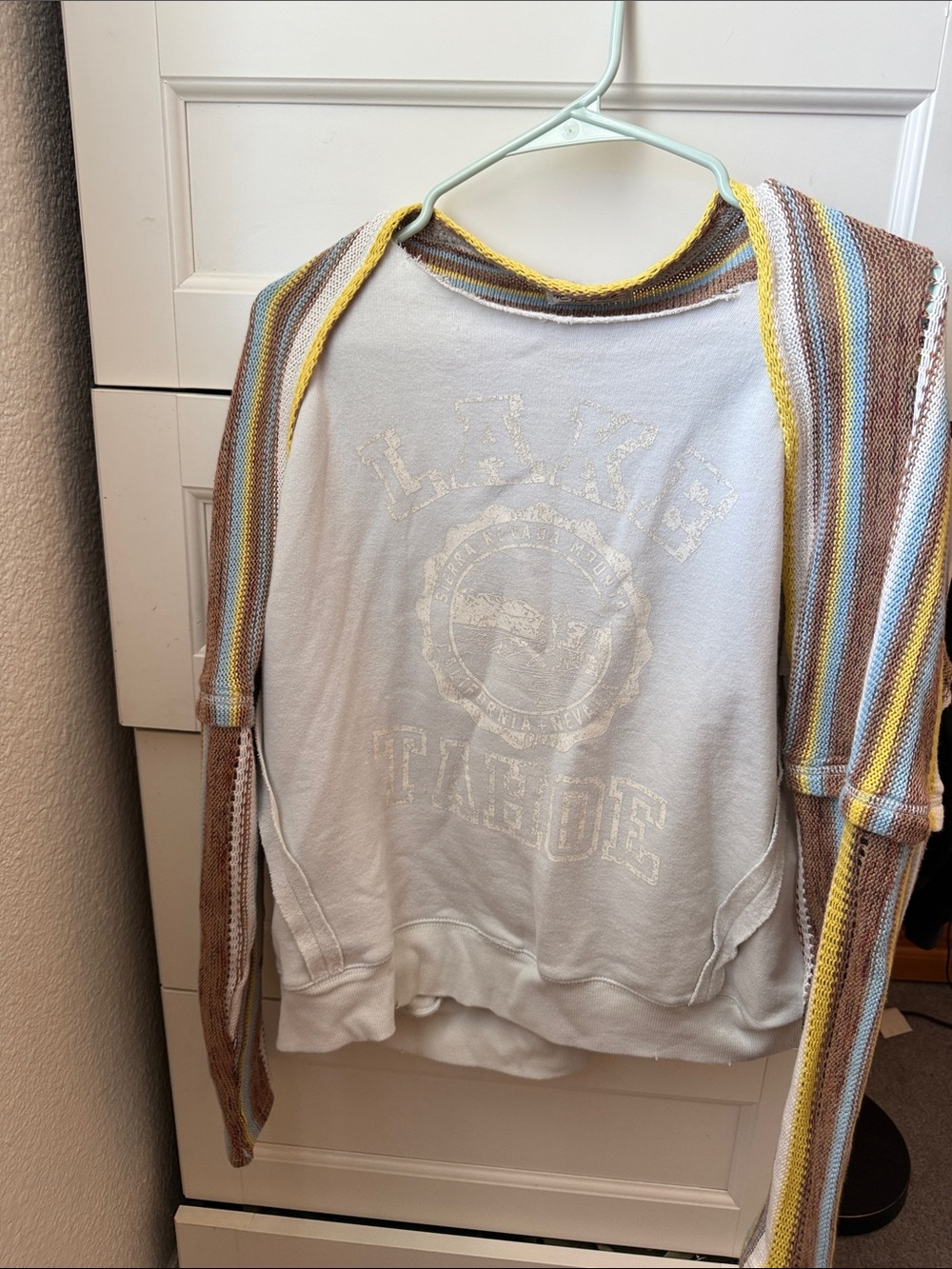 Free People Striped Open Knit Cardigan with White Sweatshirt